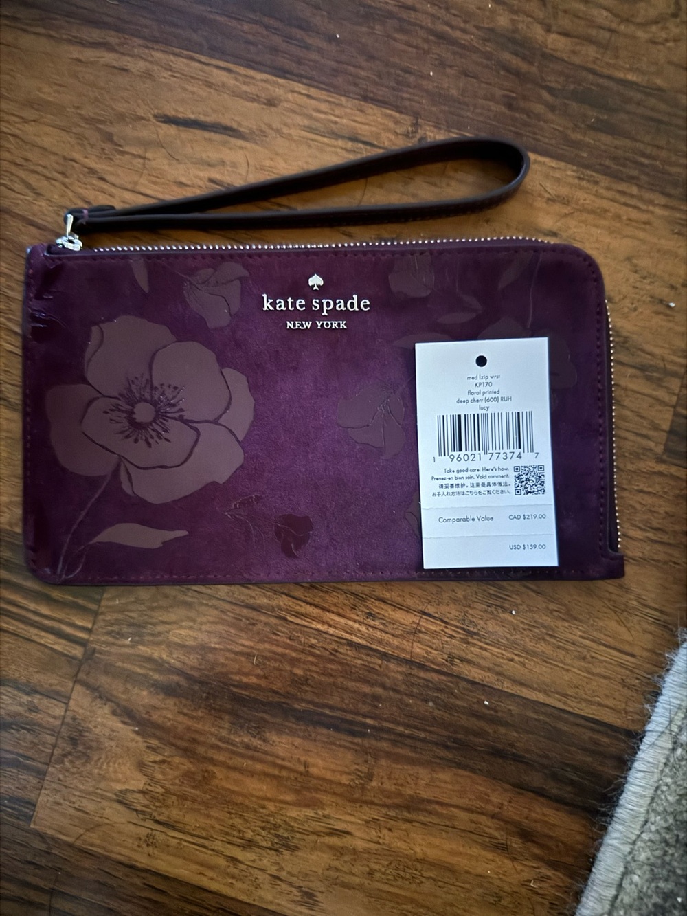 Kate Spade Suede Floral Zip Wristlet in Deep Cherry